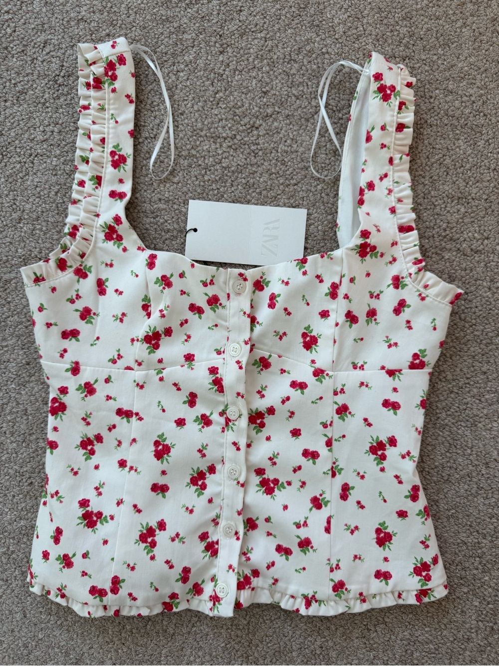 Zara Cream Floral Button-Front Ruffle Camisole
